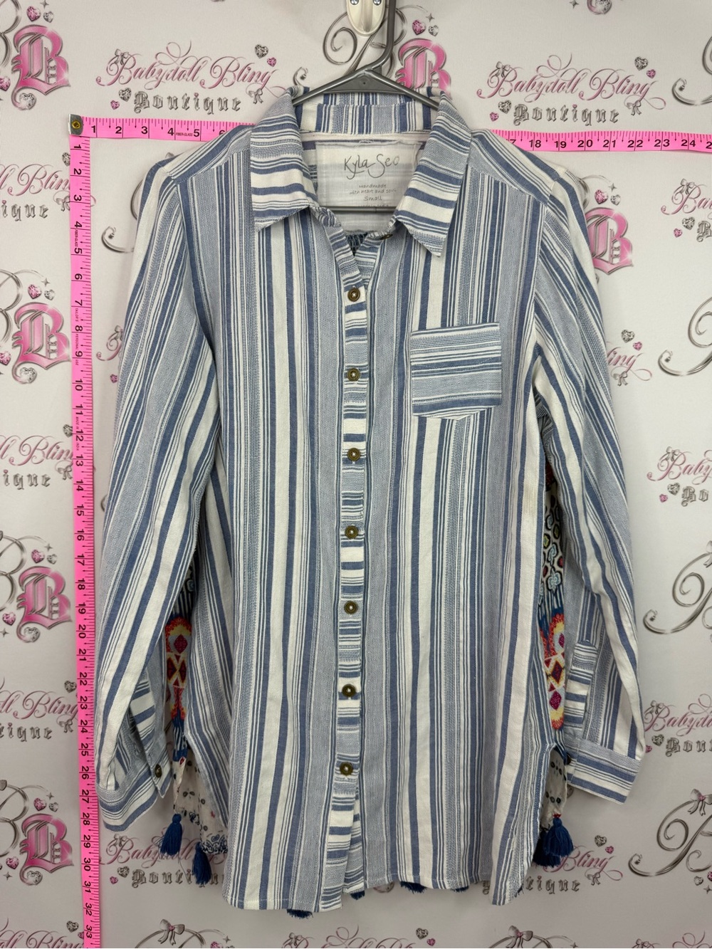 Kyla Sea patchwork long handmade shirt  Blue & White Stripe Button-Down Shirt